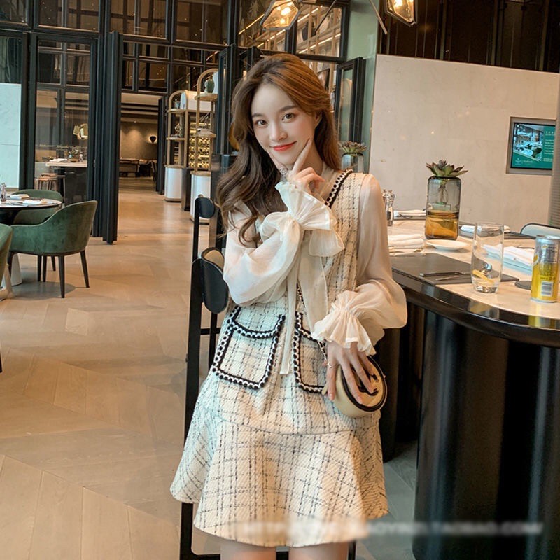 [SẴN] SET váy dạ tweed và áo sơ mi nơ tiểu thư xinh xắn | BigBuy360 - bigbuy360.vn