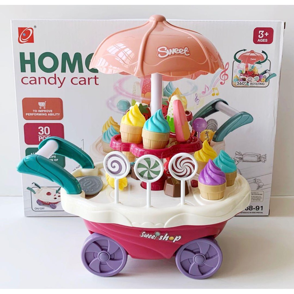 Bộ đồ chơi nấu ăn nhà bếp mẫu xe đẩy bán kem kẹo có nhạc đèn cho bé 668-91