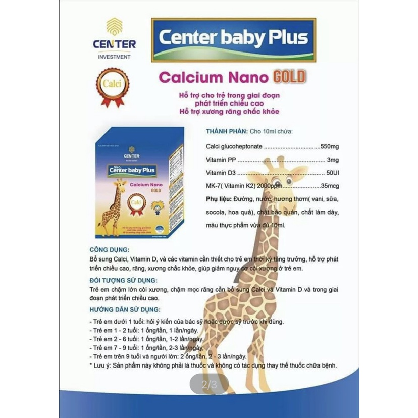 Siro Center Baby Plus - Calcium Nano GOLD, Calci cho bé, canxi Hỗ Trợ Phát Triển Chiều Cao Cho Bé Hộp 20 ống