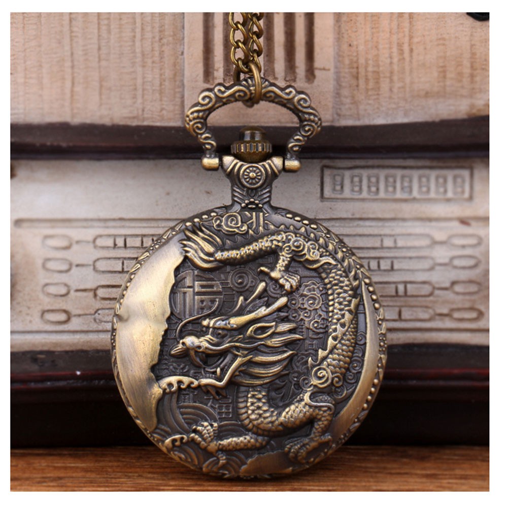 Women Pocket Analogue Quartz Pocket Watch Thin Chain Dragon Pattern Necklace Pendant Pocket Watch Vintage Chain Necklace Pocket Watch Bronze L