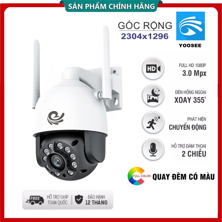 Camera WIFI Ngoài trời PTZ 3.0MP [1296P], FULL HD 1080P Xoay 360* - Ban đêm có màu, đàm thoại 2 chiều