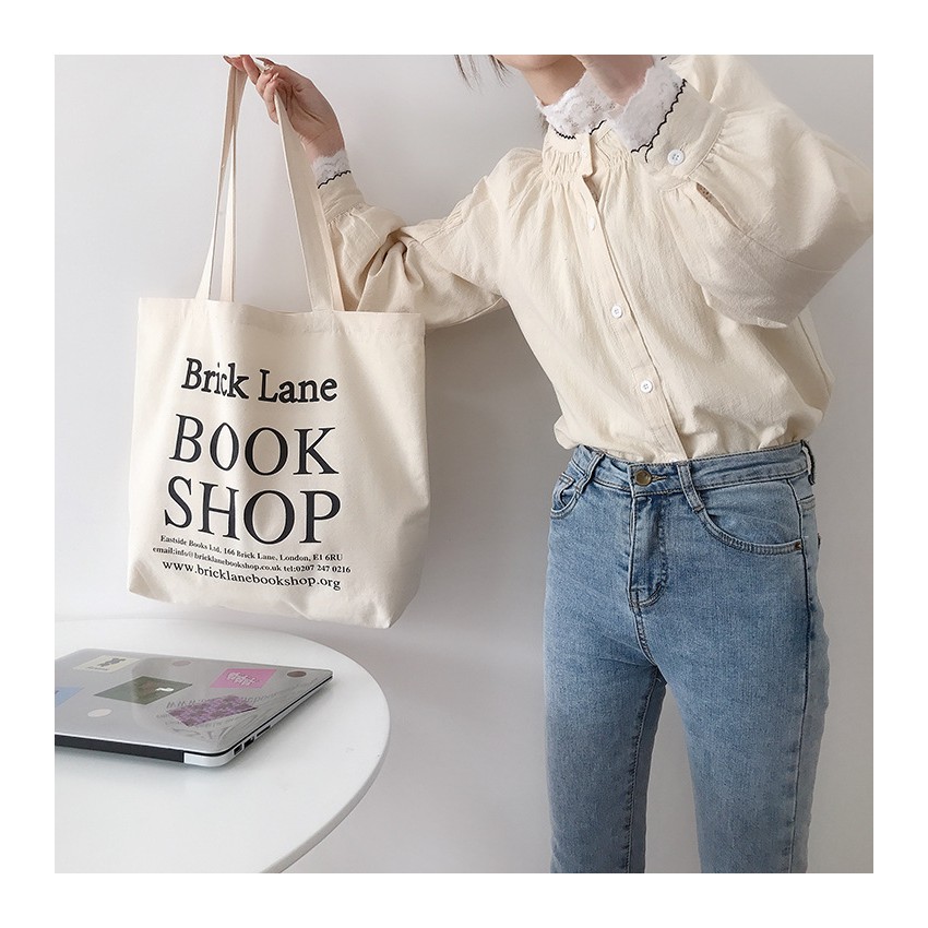 Túi vải túi tote canvas mềm hai mặt màu be Books