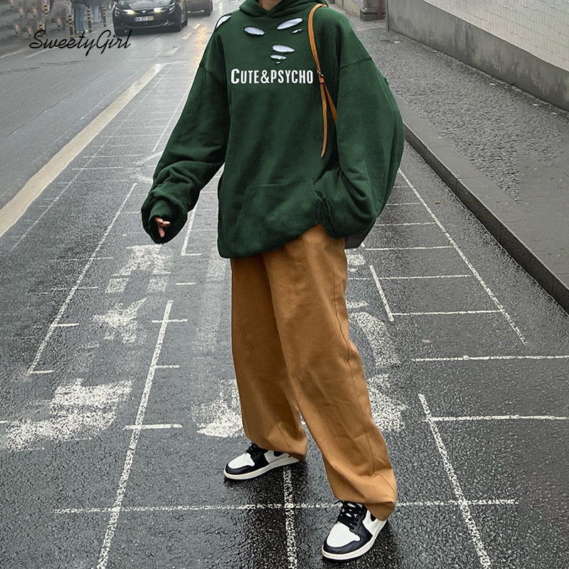 Áo Hoodie Dáng Rộng Tay Dài Khoét Lỗ In Chữ Màu Xanh Lá Thời Trang 2022 Cho Nữ