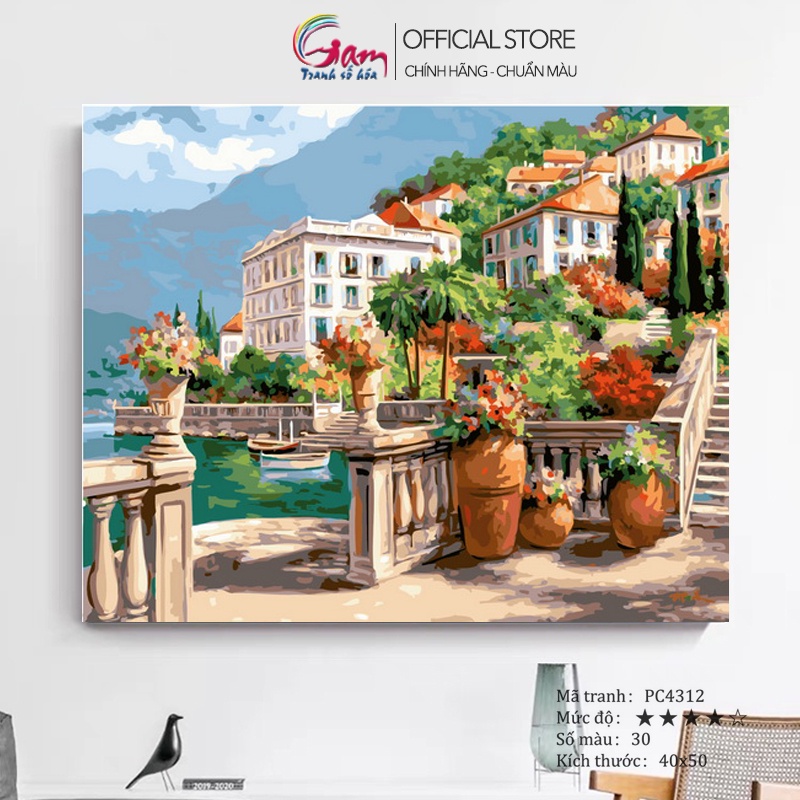 Tranh tô màu số hoá GAM phong cảnh thị trấn ven biển trang trí tường có căng khung 40x50cm PC4312