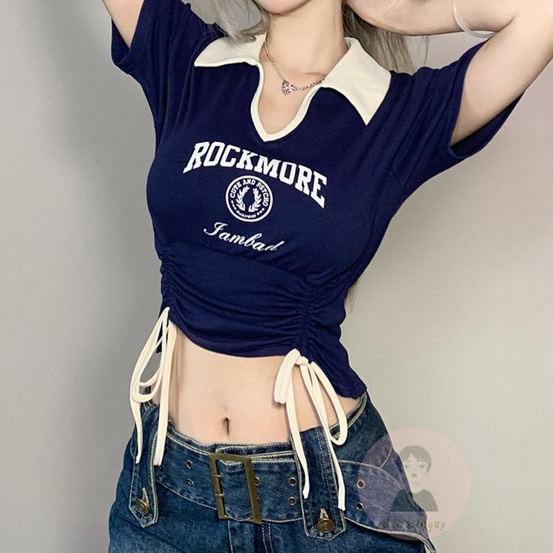 Áo Thun Nữ Ngắn Tay Cổ Chữ V Dây Rút Thời Trang