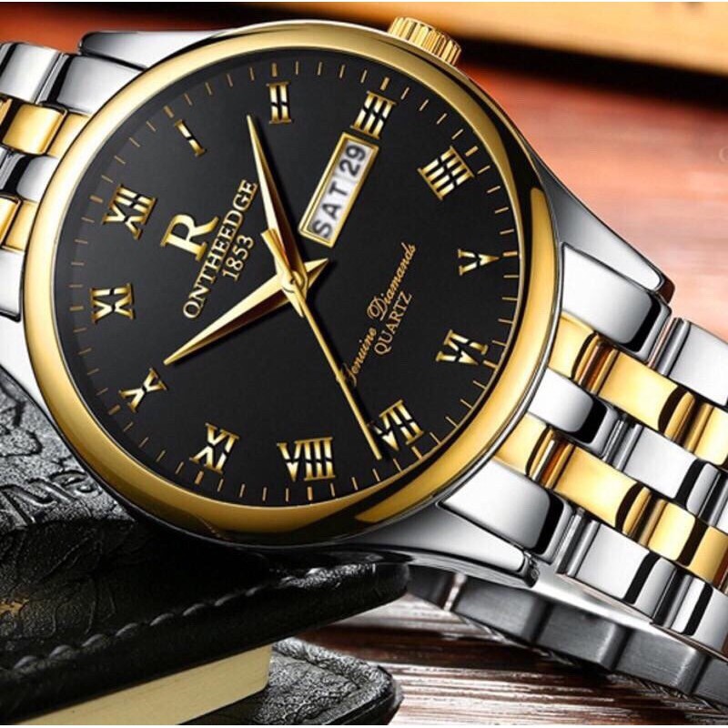 Đồng hồ nam R-ONTHEEDGE dây kim loại kèm lịch ngày mặt số La Mã sang trọng + Tặng hộp đồng hồ (Đỏ hoặc đen)
