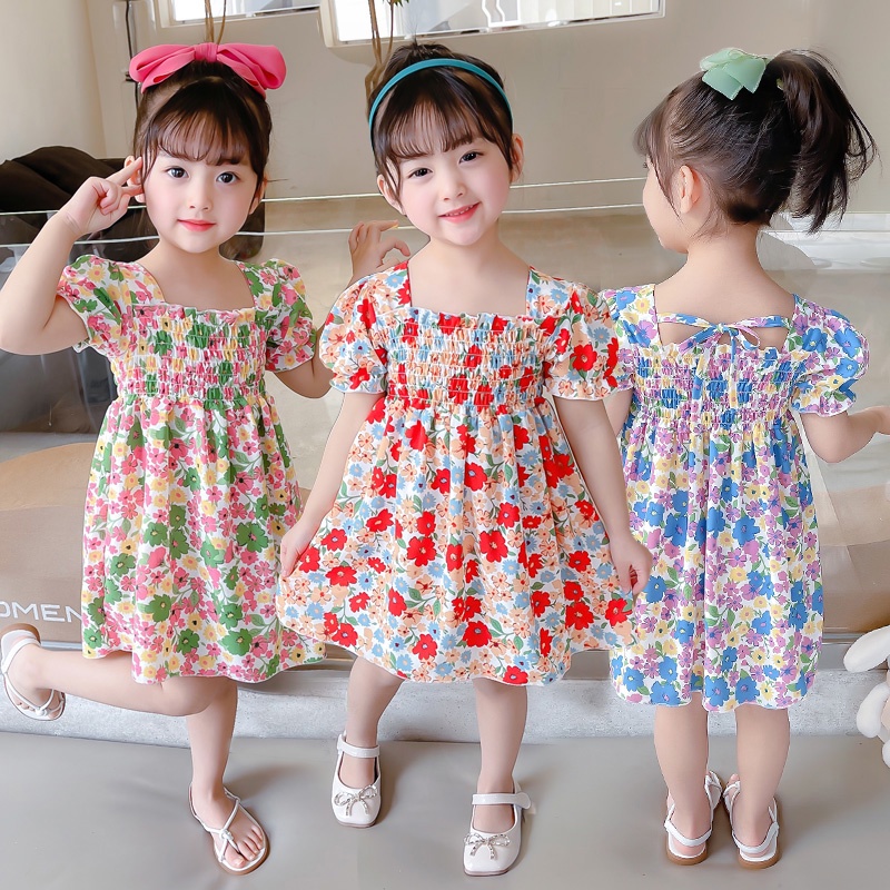 Đầm Tay Phồng Cột Dây Họa Tiết Hoa Thời Trang Mùa Hè Cho Bé Gái 1-5 Tuổi