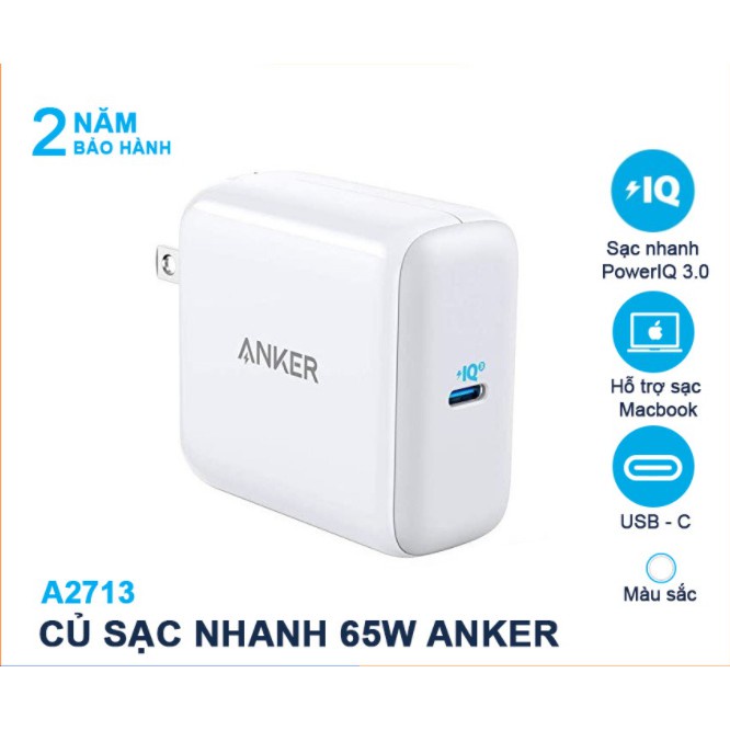 Sạc nhanh 65W ANKER A2713 PowerPort III QC 3.0 cổng Type C cho iP 12 Samsung Oppo PPS