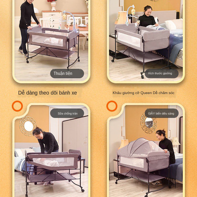 GhếNôi gấp nối giường lớn có thể điều chỉnh độ cao di chuyển Máy lắc sơ sinh động đa chức năng <1