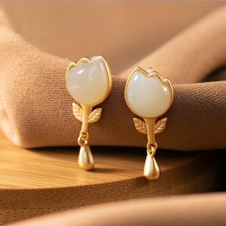 Bông Tai Hình Hoa Tulip Đính Đá Ngọc Bích Thời Trang Cho Nữ
