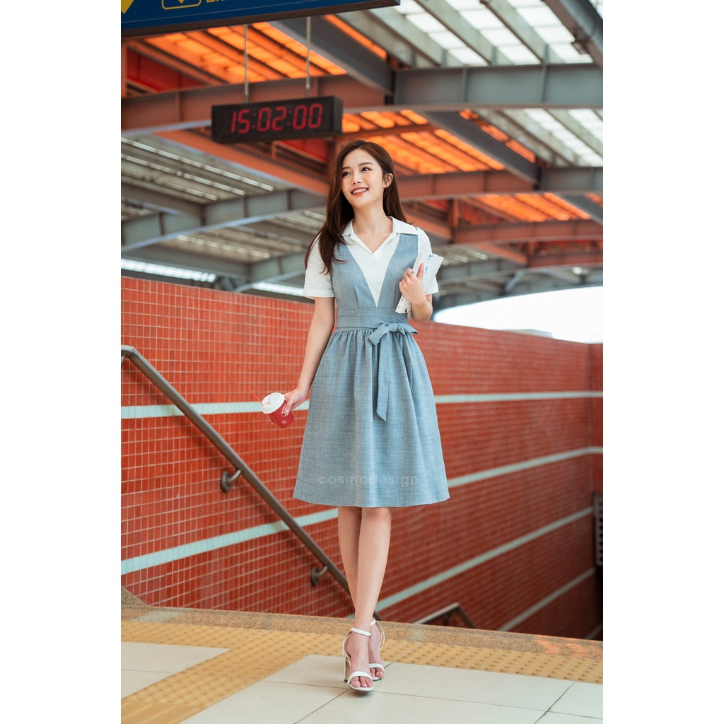 Váy Xoè Ghi Pha Trắng Thắt Dây Đai Eo