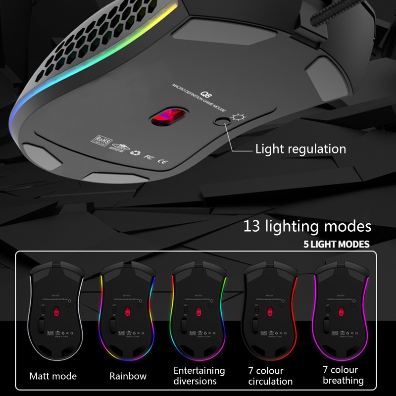NERV 7200DPI 6 Key Light Weight Hollowed Shell RGB Gaming Mouse E-sports Mice for FPS Games PUBG MOBA LOL PC Game Accessories
