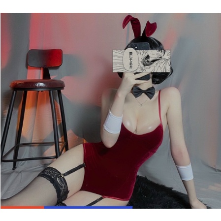 Bộ cosplay nhung tai thỏ liền thân kèm tất siêu hót