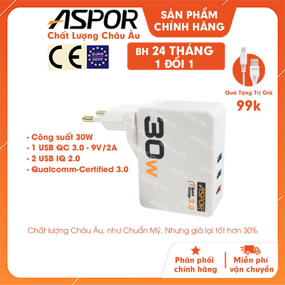 Cốc Sạc ASPOR 3 cổng USB công nghệ IQ 3.0 sạc nhanh 30w - A858Q