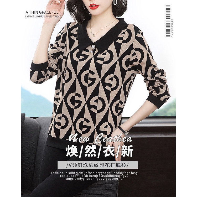 Áo thun tay dài dáng rộng in họa tiết thời trang xuân thu cho phụ nữ trung niên