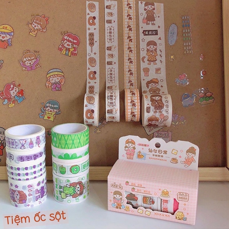 Hộp 4 cuộn băng keo Washi hoạt hình dễ thương dùng trang trí sổ tay