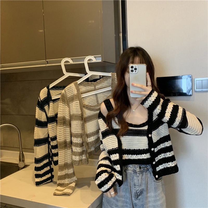 Nguyên Set áo Len Cardigan kèm 2 dây mùa thu Dệt Kim Dáng Ngắn Họa Tiết Kẻ Sọc Thời Trang Xuân Thu 2022 Phong Cách Hàn Quốc Cho Nữ
