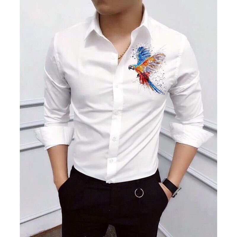 ÁO SƠ MI NAM TRẮNG ĐEN IN HOẠ TIẾT TAY DÀI CỔ BẺ ĐI LÀM, CÔNG SỞ, ĐI CHƠI, ĐI TIỆC MẶC ÔM NGƯỜI