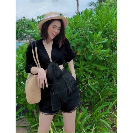 (FreeShip 2022) Sét bộ nữ hàng thiết kế,áo sơ mi croptop cột nơ mix quần có túi,tone đen tôn da lên from xinh xĩu