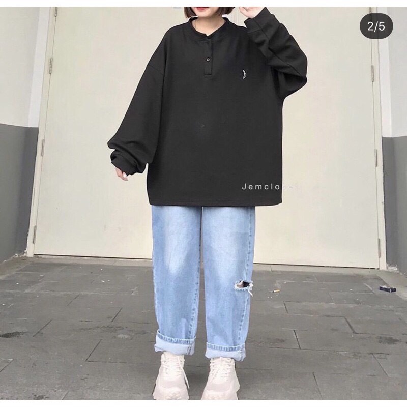 Áo Nỉ Bông Cổ Tàu Sweater Unisex 🦋 Áo Thun Nữ Tay Bồng Dáng Rộng Cúc Cài 2 Màu 🦋