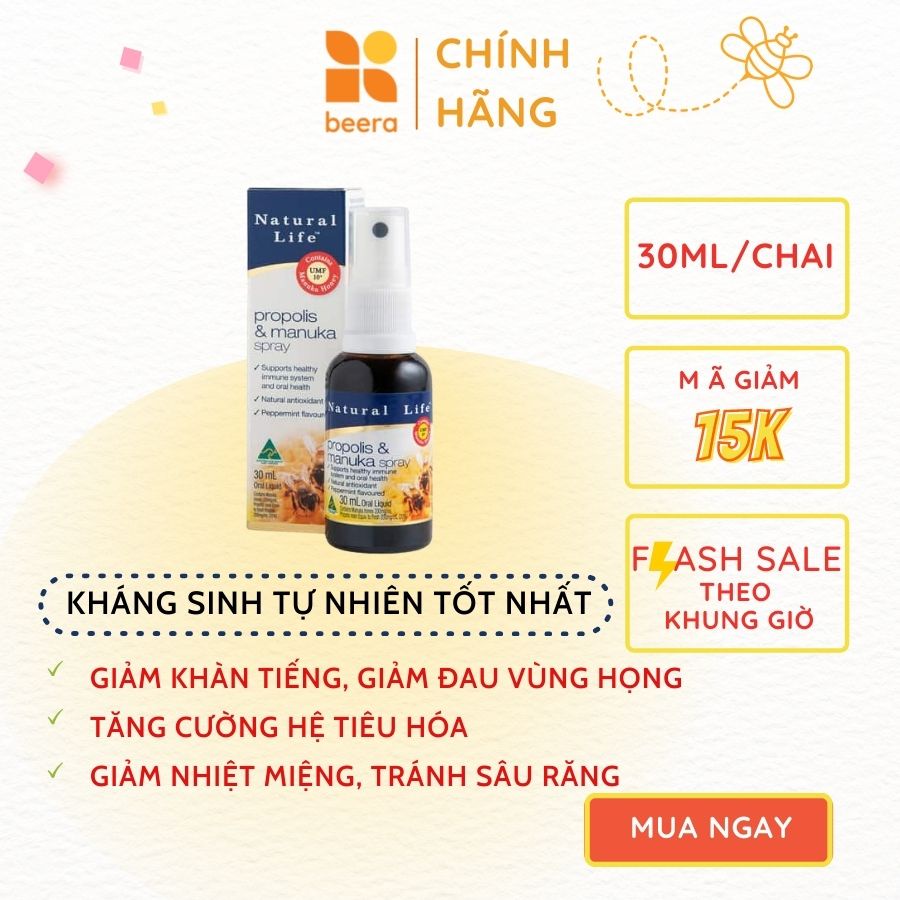 Keo Ong xịt &amp; Manuka 30ml tốt cho vòm họng Beera NATURAL LIFE(30ml)