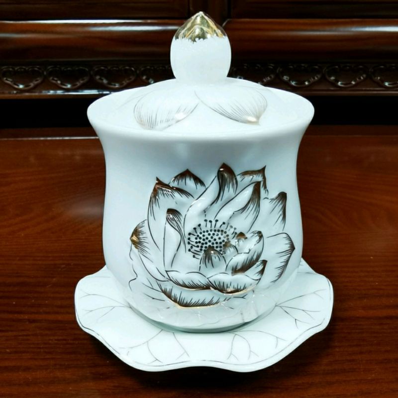 Đại bi nắp thờ cúng hàng Bạch Ngọc hoa sen nổi cao cấp-Đồ Thờ Tâm Linh