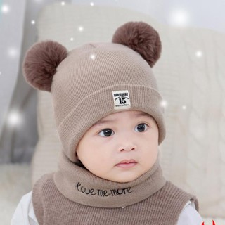 Mũ Len Kèm Khăn Quả Bông Cho Bé