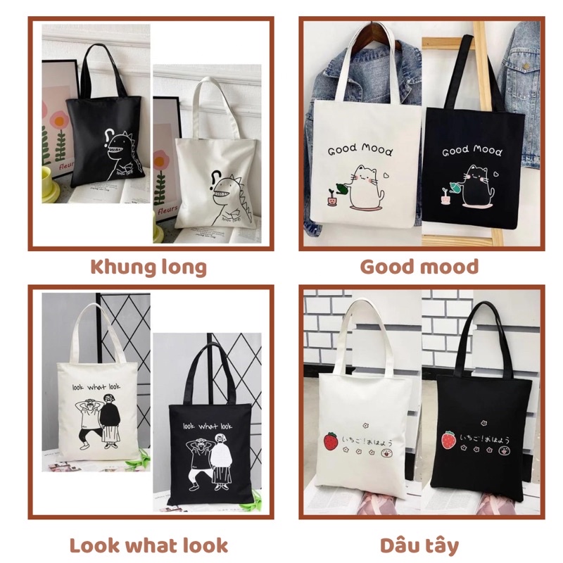 Túi Tote Vải Canvas Đeo Vai Đi Học Chất Dầy Dặn Có Khoá Kéo, Ngăn Phụ Cực HOT Ullzang 2021