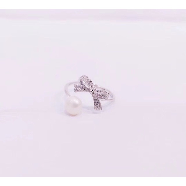 Nhẫn nơ freesize phối quả cầu trắng nhân tạo bạc thật mạ vàng siêu nét