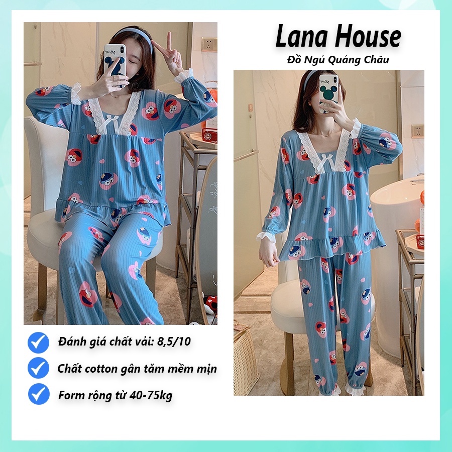 Đồ ngủ nữ mặc nhà dễ thương tay dài quần dài thu đông bigsize chất gân tăm mềm phối nơ cao cấp TDD03