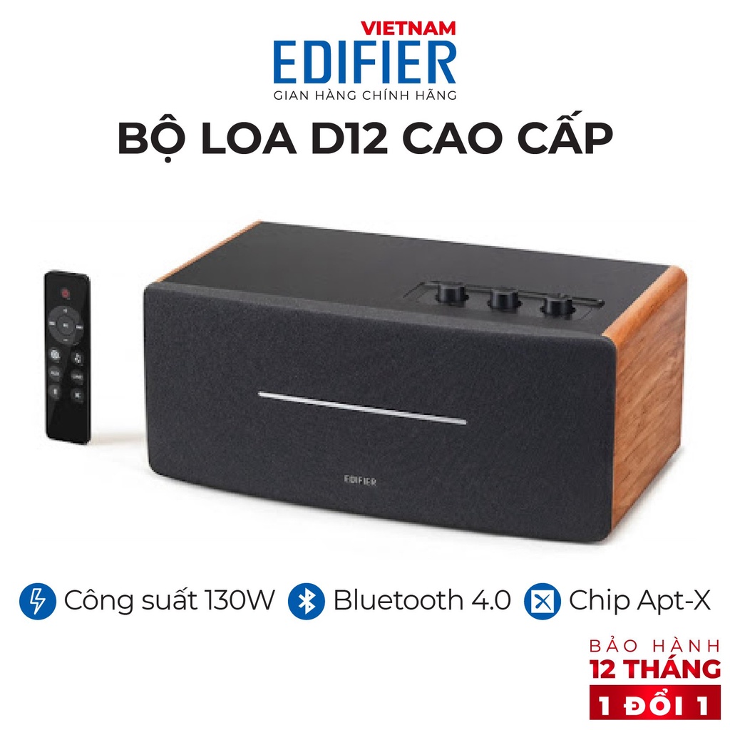 Loa Bluetooth 5.0 EDIFIER D12 Vỏ gỗ chống dội âm - Hỗ trợ AUX âm thanh nổi Stereo - Kèm remote điều khiển