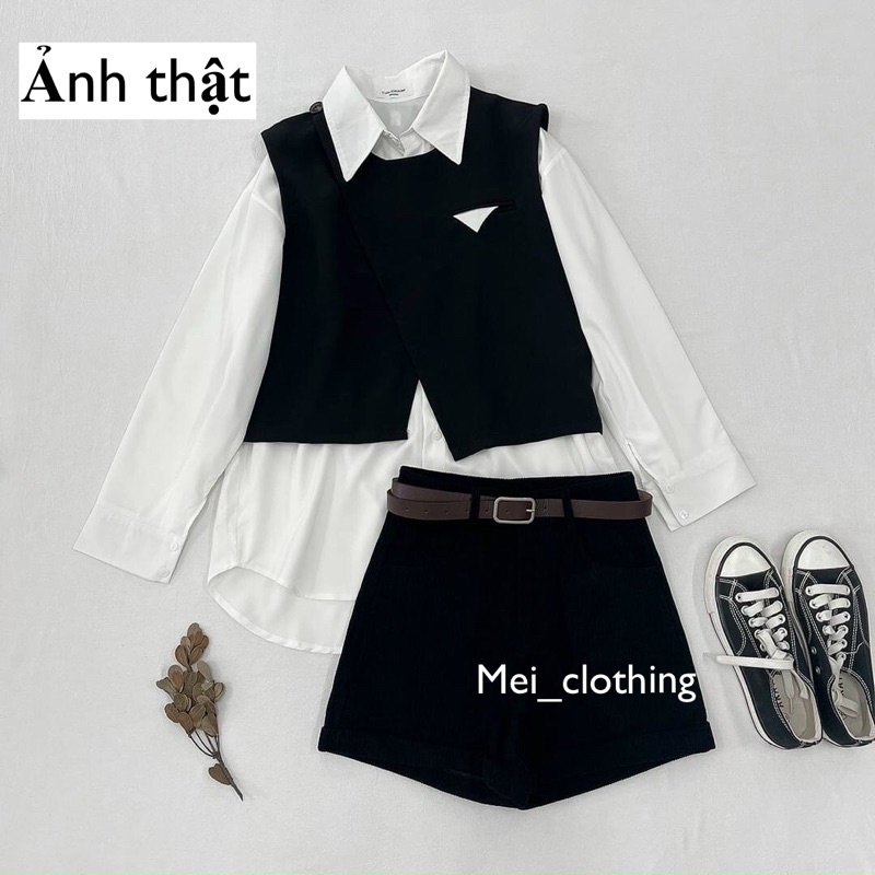 [Ảnh thật/hàng QC] Set gile kèm sơmi lụa Hàn Quốc/ set 2 món