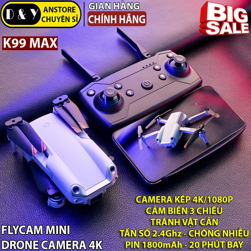 Flycam mini giá rẻ - Máy bay camera K99 max có cảm biến vật cản, dual camera - Drone camera 4K - Tặng Balo