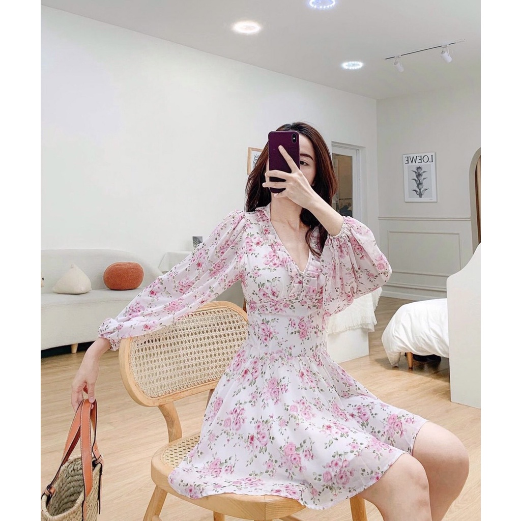 Đầm Hoa Cổ Tim Xếp Ngực