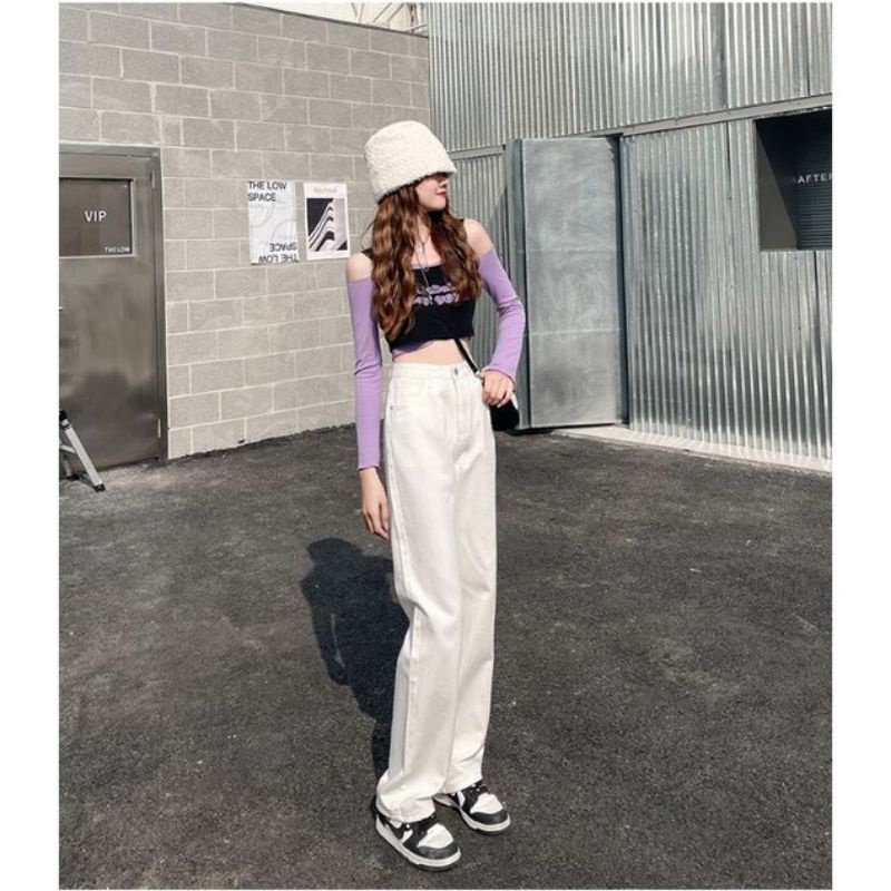 Quần Jean Ống Rộng Nữ Màu Trắng Basic phong cách Ulzzang che khuyết điểm cực tôn dáng