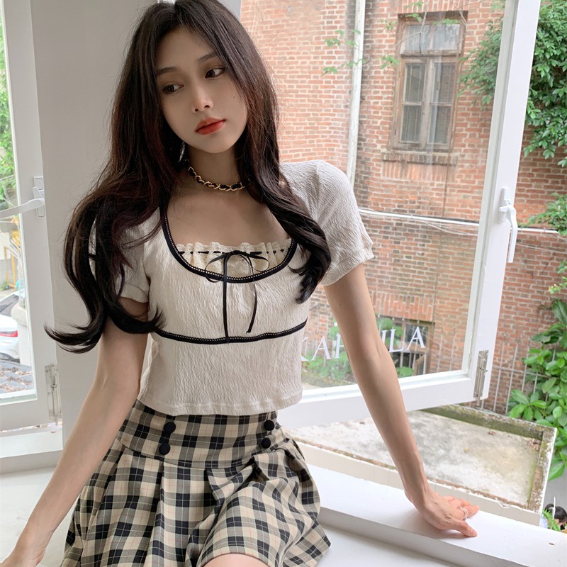 Áo ZHELIHANGFEI ngắn tay cổ Vuông phối ren xinh xắn thời trang