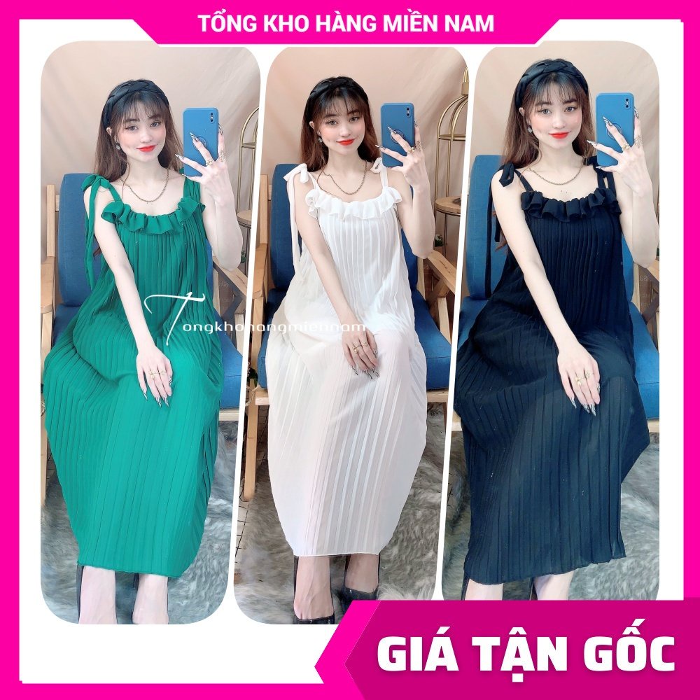 Đầm voan xếp li 2 dây buộc nơ vai dáng suông ( Bầu bí bon chen thoải mái ) đầm bầu TP118