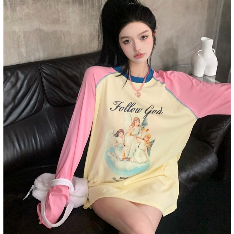 Áo Thun Tay Dài Dáng Rộng Màu Sắc Tương Phản Thời Trang Mùa Thu