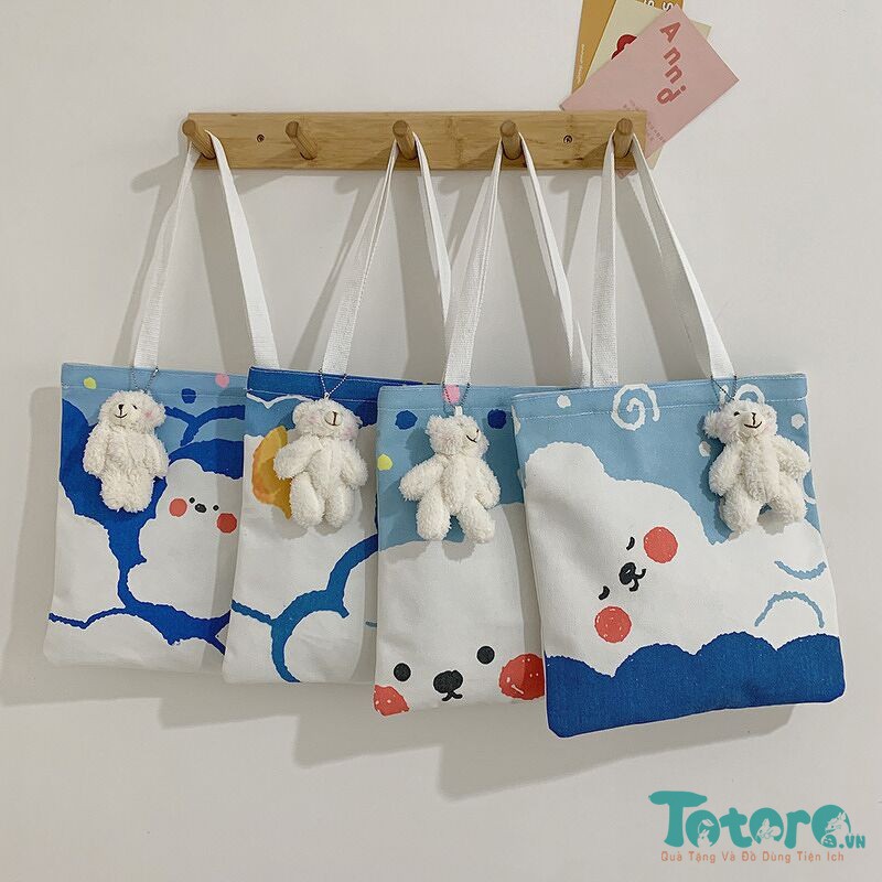 Túi tote Gấu Xù Trắng - Thỏ Mặt Trăng - Gấu Thỏ Phi Hành Gia - Trứng Gà - Ngỗng Ngơ Ngác - Hình vẽ Gấu Con