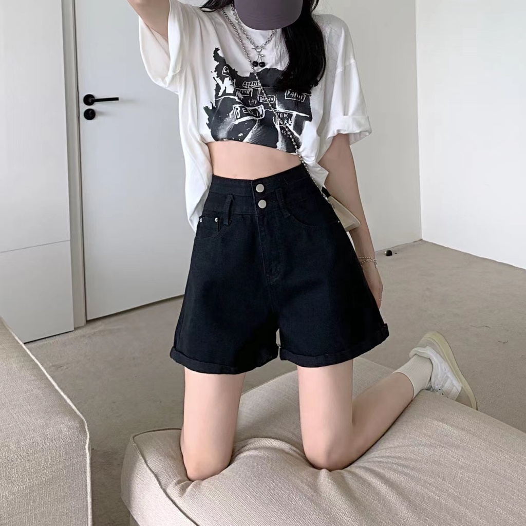 Quần Short Denim Ống Rộng Lưng Cao Thời Trang Hàn Quốc Dành Cho Nữ