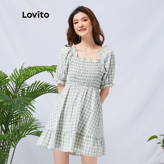 Lovito Đầm tay phồng cổ vuông kẻ sọc caro màu xanh lá dễ thương L11D28