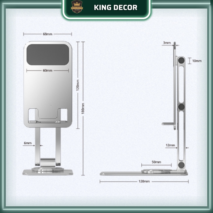 Giá đỡ điện thoại xoay 360 đa năng để bàn bằng kim loại nhôm KingDecor, Giá để điện thoại gấp gọn dễ dàng không đổ.