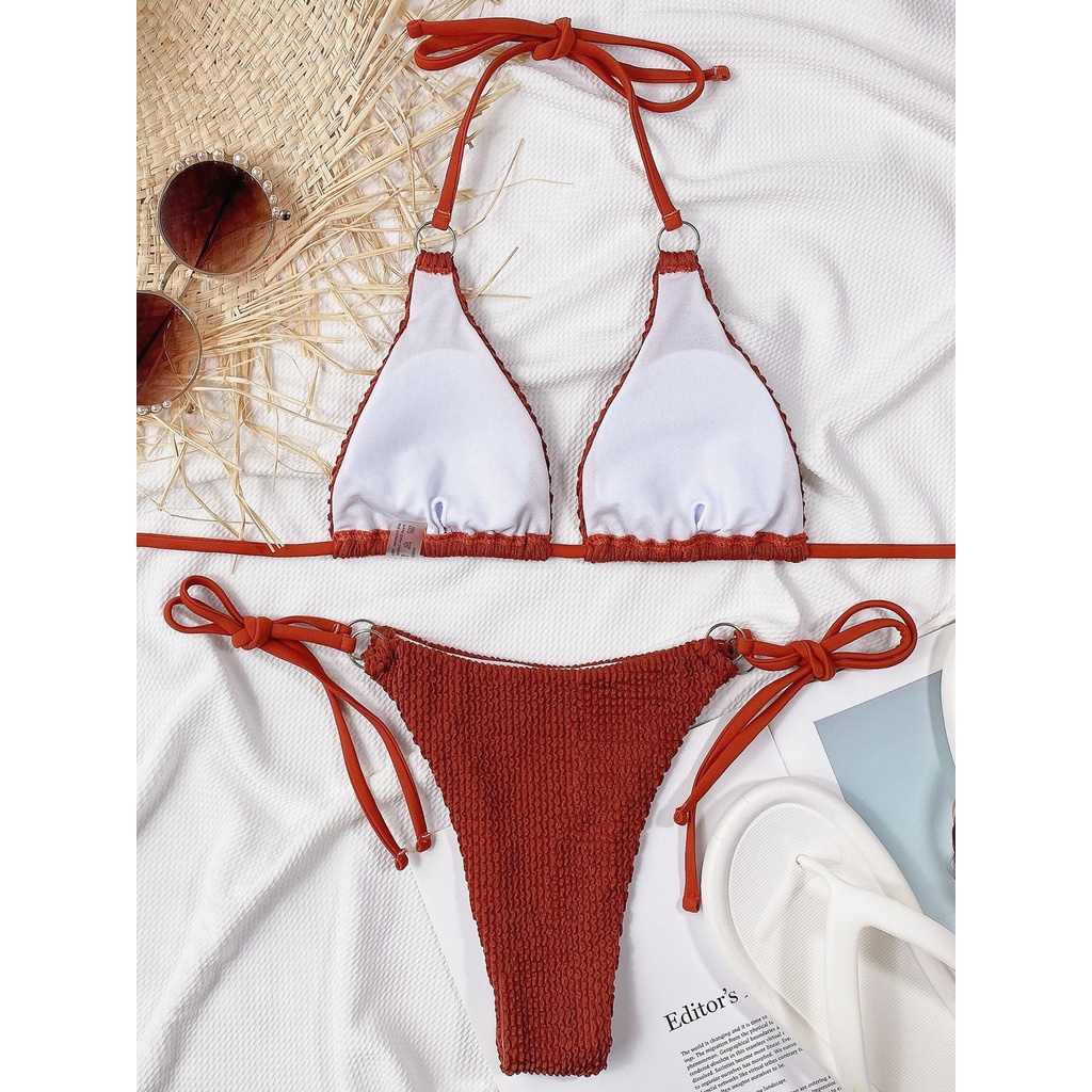 Bộ Đồ Bơi Bikini Hai Mảnh Màu Đỏ / Đen Có Dây Đeo Cổ Cho Nữ