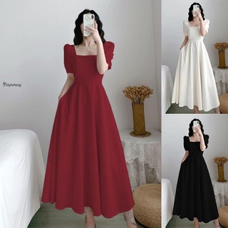 Đầm Dài Qua Gối Cổ Vuông Tay Phồng Thanh Lịch Dành Cho Nữ