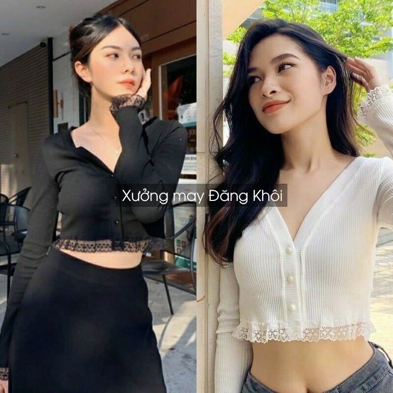 Áo croptop tay dài cổ V dáng ôm cài nút trơn phối ren C241