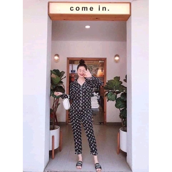 Bộ ngủ pijama tay dài quần dài nam nữ hoạ tiết LV chất kate thái có big size - Bộ ngủ nam nữ - Bộ đồ nam - Đồ ngủ nam nữ