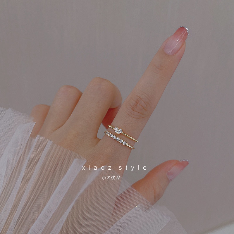Set 2 Nhẫn Đính Đá Zircon Hình Trái Tim Có Thể Điều Chỉnh Phong Cách Hàn Quốc
