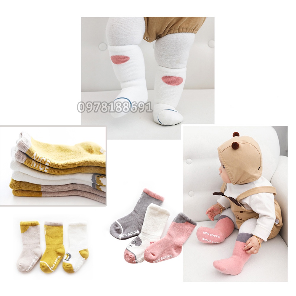 SET 3 Đôi Tất Cotton Cao Cổ Giữ Ấm, Tất Dày Xù, Chống Trượt Cho Bé 0-5 Tuổi