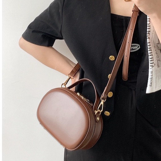 Túi Xách Tròn Đeo Chéo mini Màu Trơn Thời Trang Châu Âu Cho Nữ