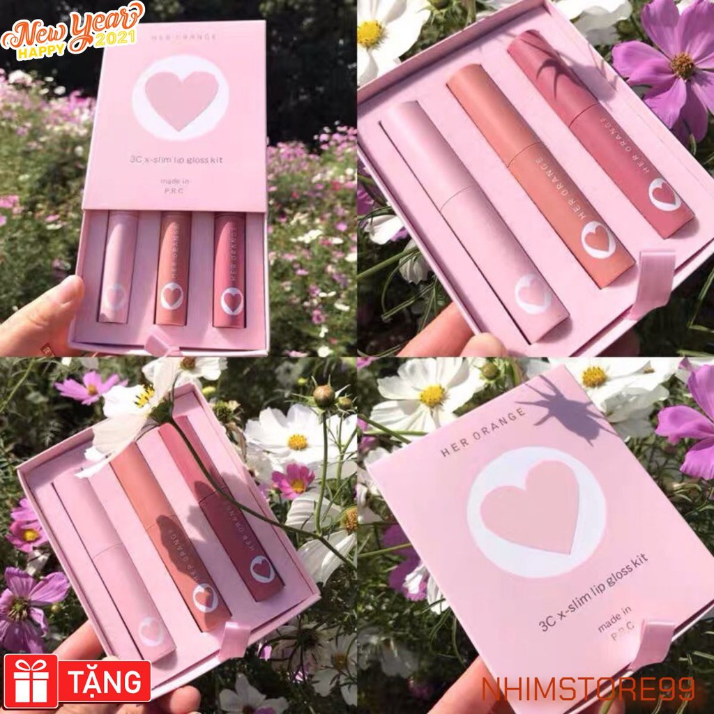 {sẵn hàng}𝙎𝙚𝙩 𝙨𝙤𝙣 𝙃𝙀𝙍 𝙊𝙍𝘼𝙉𝙂𝙀 trái tim 3c x slim lip gloss kit